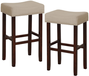 lot 490 image: COSTWAY Counter Height Bar Stools Set of 2, 29.5-inch Backless Saddle Stools with Nailhead Trim, Footrest, Max Load 330 Lbs, Upholstered Barstools for Kitchen Island Pub, Beige (Missing Hardware. Transit Damage)
