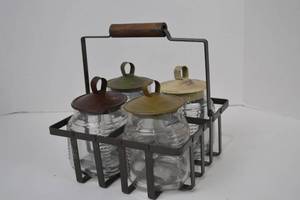 lot 5 image: Set of 4 Glass Storage Jars With Metal Lids and Carrier