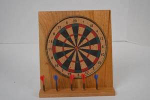 lot 6 image: Desktop Size Cork Dart Board with 5 Mini Darts and Wood Stand