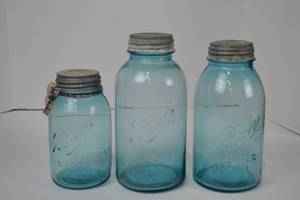 lot 28 image: Set of 3 Vintage Ball Perfect Mason Blue Glass Jars with Zinc Lids