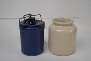 lot 30 image: Two Small Stoneware Crocks - Blue With Lid and L.A.B Lagny Cream Jar