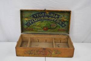 lot 34 image: Antique Mays Vegetable and Flower Seeds Advertising Wooden Box