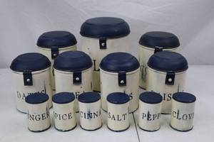 lot 58 image: Vintage Blue and White Metal Kitchen Canister Set - 12 Pieces