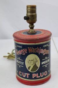 lot 59 image: Vintage George Washington Cut Plug Tobacco Tin Table Lamp