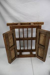 lot 65 image: Vintage Primitive Wood Slat and Panel Wall Cabinet