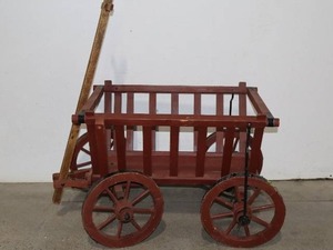 lot 68 image: Vintage Wood Slat Garden Wagon with Red Paint and Pull Handle