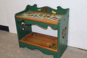 lot 72 image: Green Painted Two-Shelf Kitchen Organizer with Garden Motif