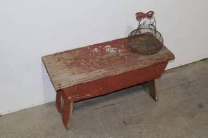 lot 73 image: Primitive Wooden Bench with Wire Basket