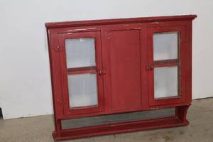 lot 78 image: Vintage Red Painted Wood Wall Cabinet with Glass Doors