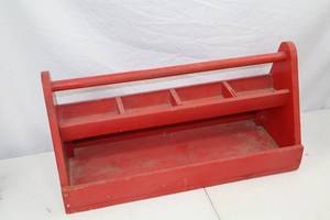 lot 96 image: Red Wooden Hand Tool Tote Box with Compartments, Approx. 24 Inches