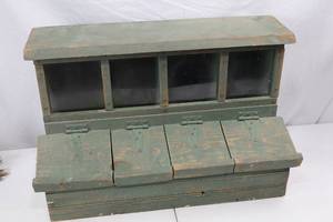 lot 105 image: Vintage Green Painted Wooden feeder Unit with Compartments