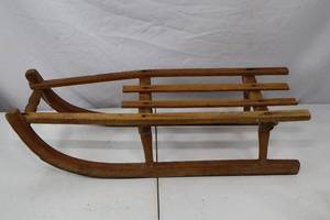 lot 135 image: Vintage Wooden Childs Sled with Curved Runners