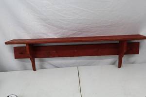 lot 138 image: Rustic Red Wood Wall Shelf with Peg Hooks, 36 Inch