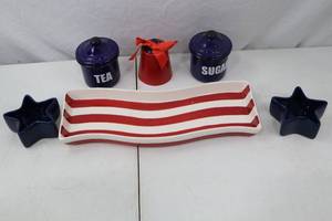 lot 143 image: Patriotic Ceramic Tray, Star Dishes, Tea & Sugar Canisters (6 Pieces)