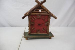 lot 158 image: Rustic Cabin Style Decorative Table Clock - Wood & Red Accent