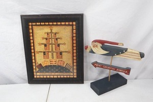 lot 163 image: Americana Christmas Decor Framed Art & Santa Whirligig