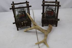 lot 177 image: Rustic Candleholder Pair with Antler Accent Home Decor Lot