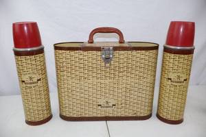Vintage Sportster Picnic Set with Two Vacuum Bottles and Woven Pattern Case