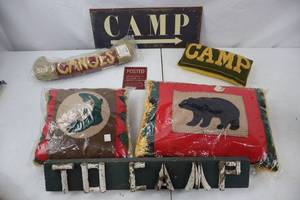 lot 210 image: Camp Decor Lot with Pillows and Rustic Signs