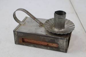 lot 213 image: Vintage Tin Chamberstick Candle Holder with Matchbox Drawer