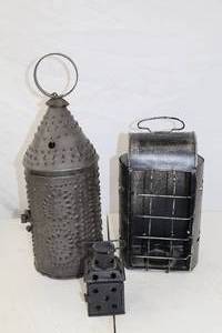lot 216 image: Primitive Style Tin Lanterns and Cage Candle Holders Lot