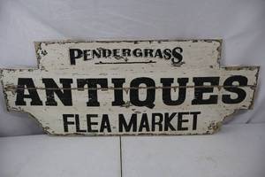 lot 218 image: Distressed Wood Pendergrass Antiques Flea Market Sign