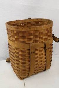 lot 225 image: Woven Wood Backpack Basket with Canvas Straps, 18 Inches Tall