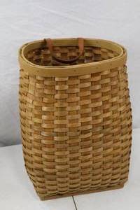 lot 227 image: Woven Wood Basket with Leather Handle 15 Inch Tall