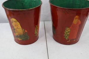 lot 233 image: Pair of Vintage Santa Metal Christmas Holiday Buckets, Made in Canada