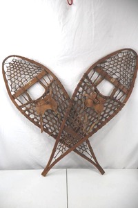 lot 234 image: Vintage Gros Louis Wooden Snowshoes with Leather Bindings