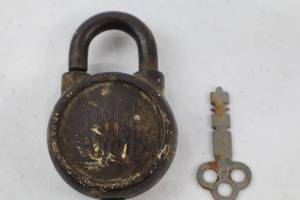 lot 242 image: Vintage Padlock with Key - Rusted Iron Lock