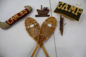 lot 244 image: Camp Decor Lot - Mini Snowshoes, Canoe Pillow, Camp Pillow, Ornaments