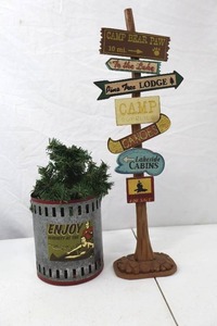lot 247 image: Camp-Themed Home Decor Lot - Signpost and Pail with Faux Pine