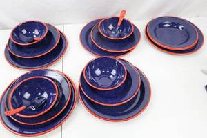 lot 262 image: Blue and Red Speckled Enamelware Dinnerware Set - Plates, Bowls, Spoons (16 pcs)