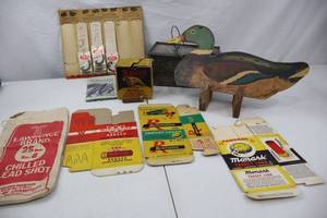 lot 263 image: Vintage Hunting and Fishing Sportsman Lot Decoy, Ammo Boxes, Hooks & More