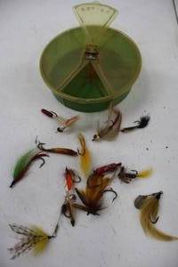 lot 264 image: Assorted Vintage Fishing Flies with Green Compartment Box