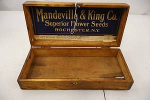 lot 266 image: Antique Mandeville & King Flower Seed Wooden Box, Rochester NY