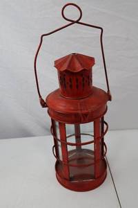 lot 270 image: Vintage Red Metal and Glass Lantern, 18 Inch