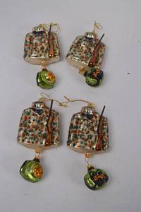 lot 280 image: 4 Camo Hunter Jacket Glass Ornaments with Compass Accents