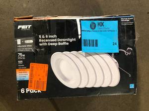 lot 24 image: Feit Electric 56 in. 925 Lumens Selectable 5CCT Dimmable Integrated LED Retrofit Recessed Light Baffle Trim, White 6-Pack Customer Returns See Pictures