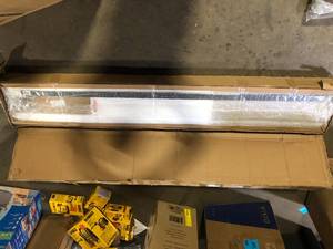 lot 53 image: Elife 36 in. x 84 in. 5 Lite Frosted Glass Brown Finished MDF Sliding Barn Door with Hardware Kit Customer Returns See Pictures