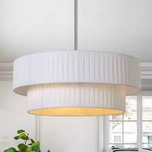 lot 25 image: LamQee 3-Light Brushed Nickel Drum Pendant Light with White Fabric Shade Customer Returns See Pictures