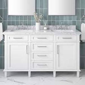 Home Decorators Collection Sonoma 60 in. Double Sink White Bath Vanity with Carrara Marble Top (Assembled) customer return see pictures
