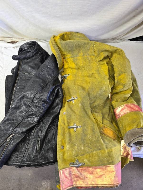 lot 141 image: 2 Jackets Black Leather Size 42 and Firefighters Coat Size M