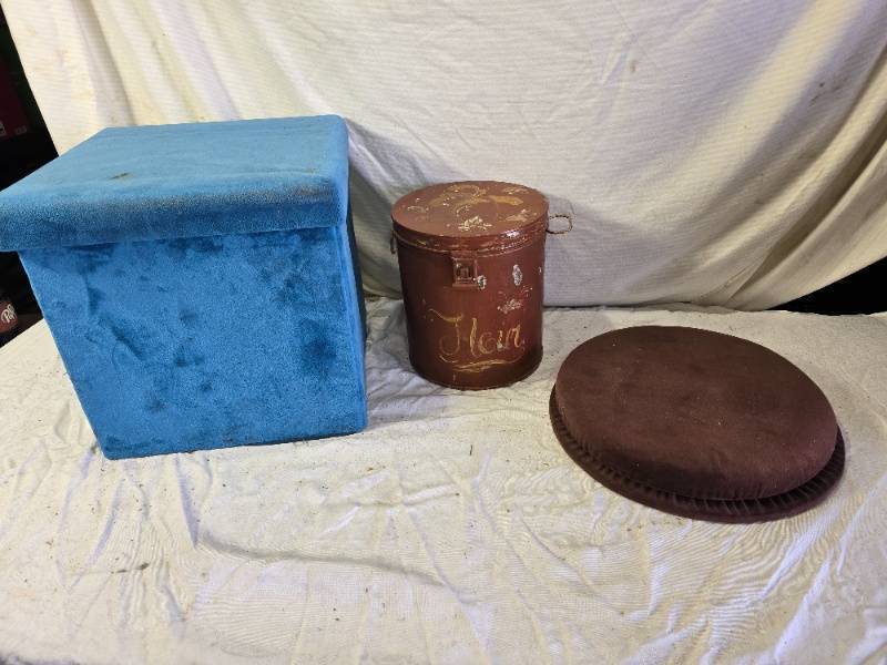 lot 142 image: Vintage Flour Tin and Fabric Storage Ottoman