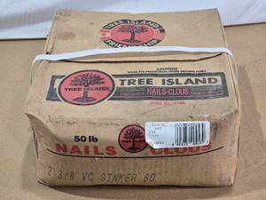 lot 13 image: Unopened Box of Tree Island 50 lb Nails 2 38 VC Sinker 8D