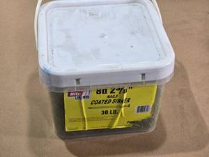 lot 14 image: Unopened Pail of Grip Rite 8d 2 38 Coated Sinker Nails 30 LB Bucket