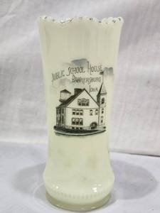 lot 27 image: Public School House Davenersburg Iowa Souvenir Uranium Glass Vase