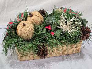 lot 31 image: Holiday Decor Basket with Pinecones and Faux Pine