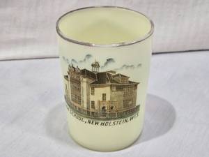 lot 35 image: High School Souvenir Glass, New Holstein, WI - Uranium Glass